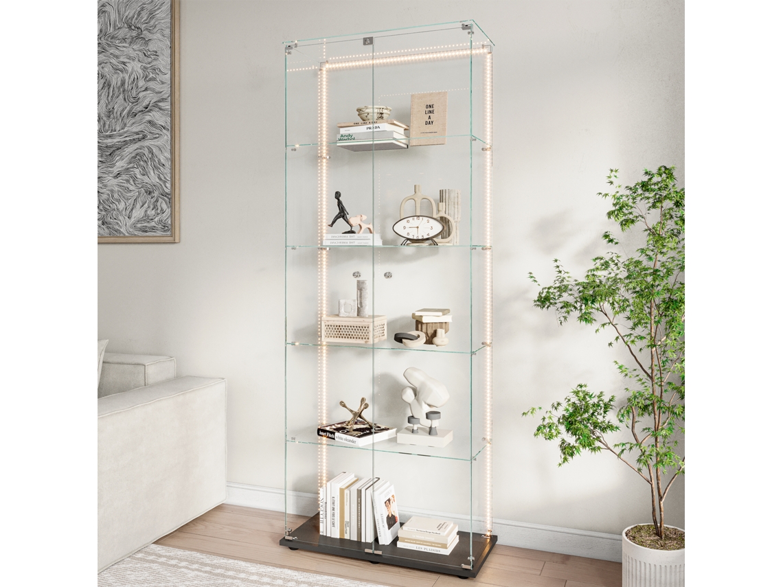 Vitrine de vidro com 5 prateleiras, luz LED, armário expositivo preto, 78.5x34.5x186.5cm ROSAHQNDA