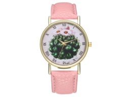 Relógio de quartzo com pulseira de couro PU, mostrador com desenho de cacto, unissex, rosa.
