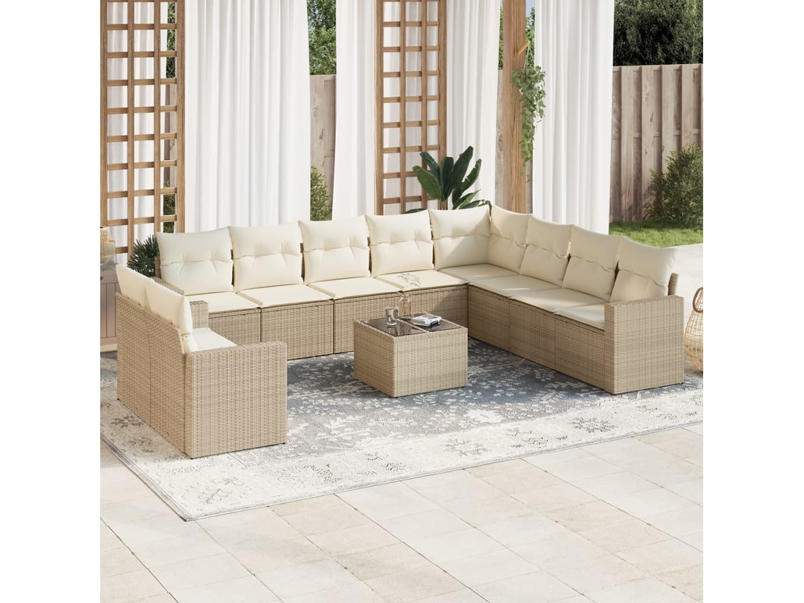 Vidaxl 11 Pcs Conjunto Sofás De Jardim C/ Almofadões Vime Pe Bege