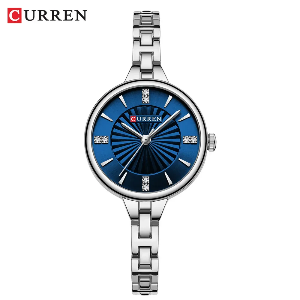 (azul Prateado) Mostrador Simples E Romântico Com Strass E Pulseira De Aço Inoxidável.
