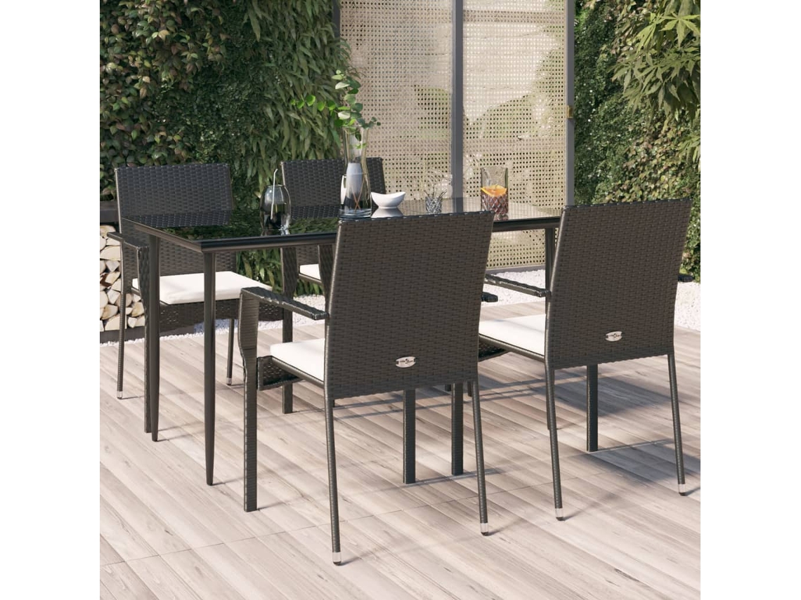 Vidaxl 5 Pcs Conjunto De Jantar P/ Jardim C/ Almofadões Vime Pe Preto