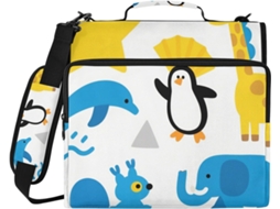 Organizador de massas com zíper, 3 argolas, estampa de girafas e elefantes em amarelo e azul, com altura ajustável.