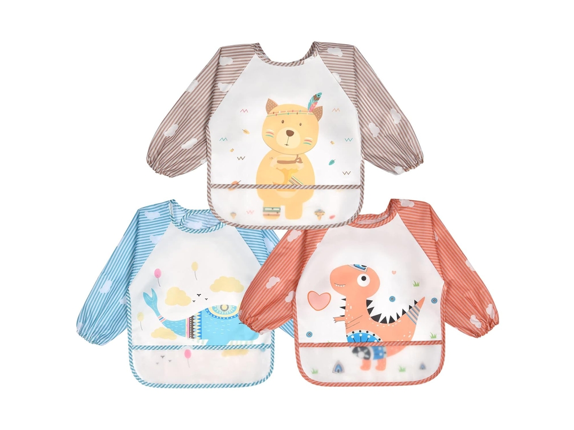 Conjunto 3 Babadores com Mangas Compridas, À Prova D‘água, Estilo Animal para Comer, Pintar, Brincar ZYBLSSBB