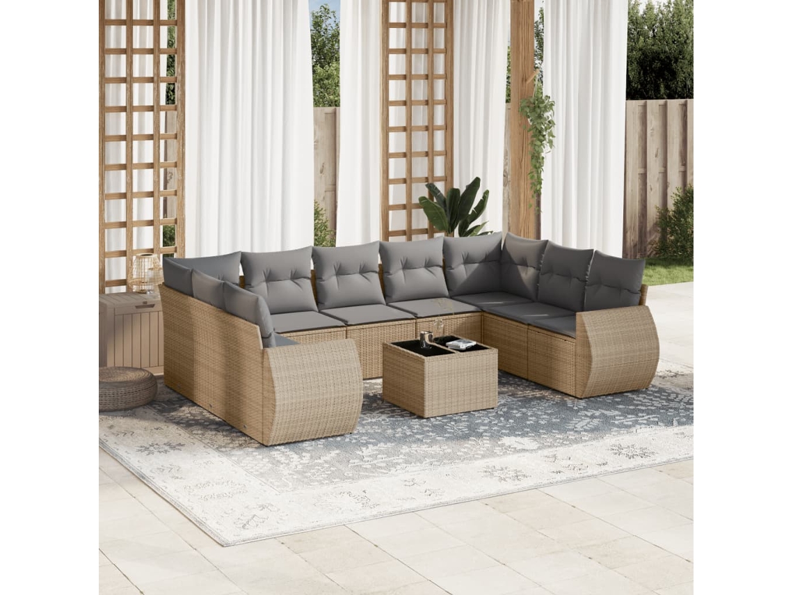 Vidaxl 10 Pcs Conjunto De Sofás P/ Jardim Com Almofadões Vime Pe Bege