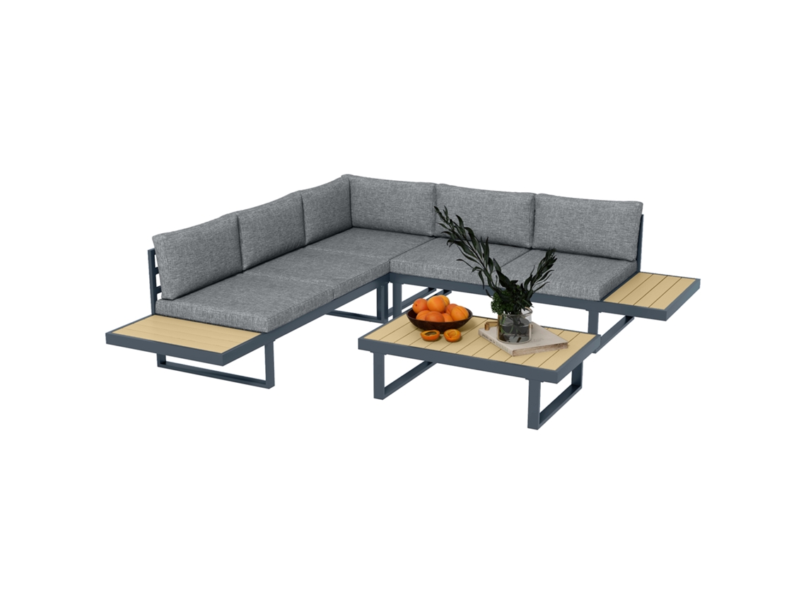 Conjunto de Canto para Jardim 5 Lugares com Almofadas e Mesa de Centro em Alumínio, Acabamento Cinza Antracite Efeito Madeira ZACHARY