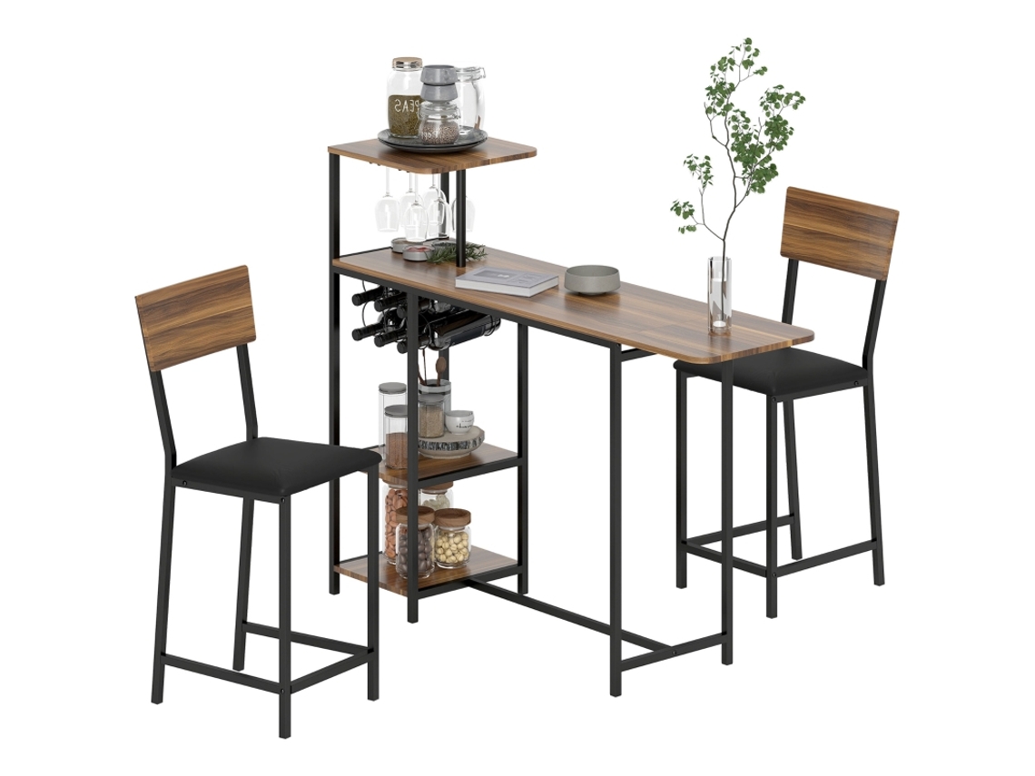 Conjunto Bar 3p, Mesa Dobrável + 2 Banquinhos, Suporte Vinho, Marrom. Ge