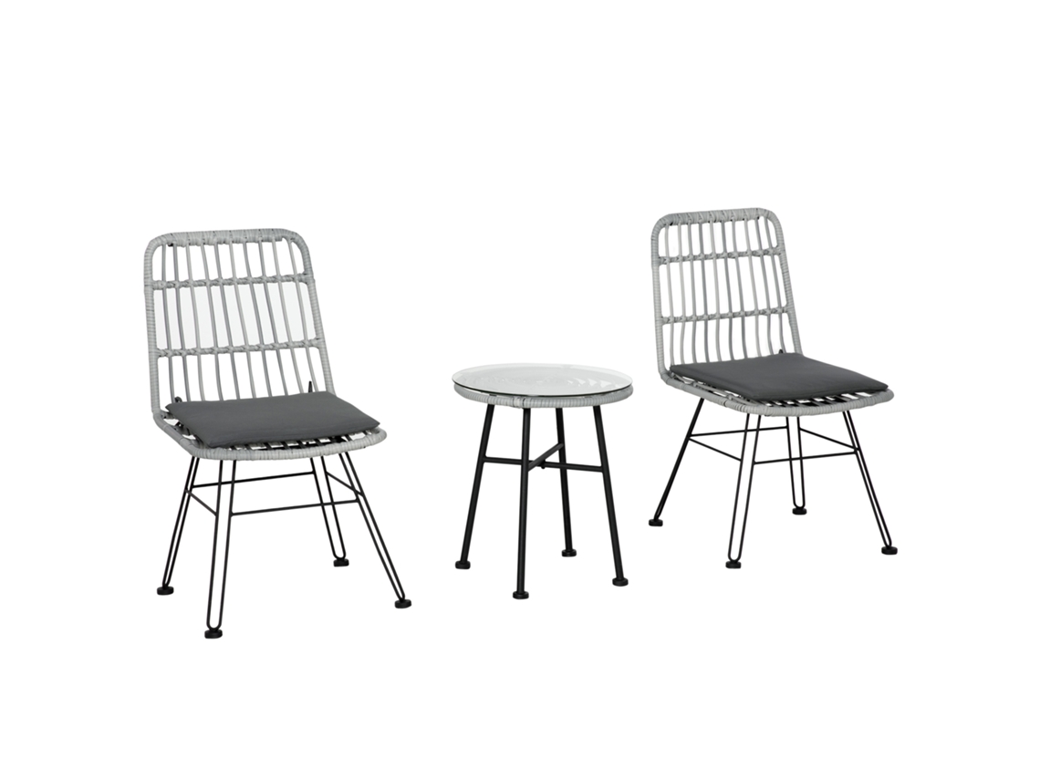 Conjunto Bistrô, Na Cor Cinza, Fabricado Em Aço E Vidro E Ratã, Com Mesa, 2 Cadeiras, Design Prático E Funcional