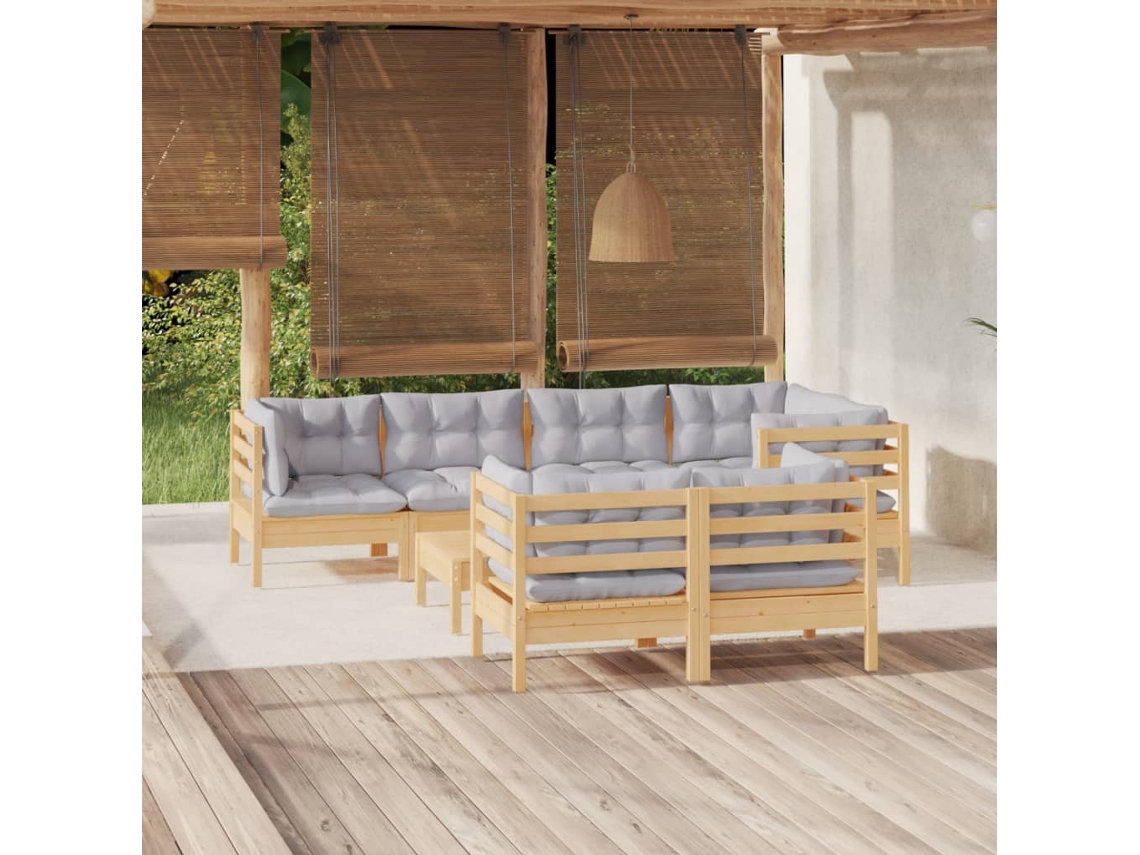 Vidaxl 8 Pcs Conjunto Lounge De Jardim + Almofadões Cinza Pinho Maciço