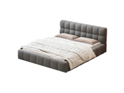 Cama De Casal Adulta 140x200 Cm Com Cabeceira Estofada Com Folhos, Estrado De Ripas, Design Moderno, Linho, Cinzento, Sem Colchão