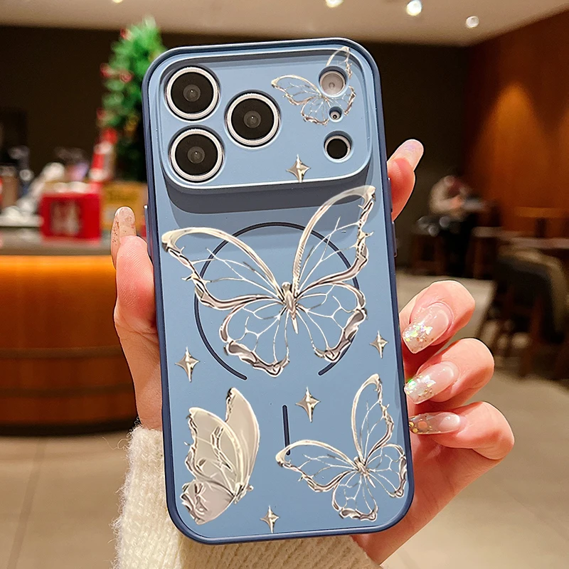 Capa Magnética Rígida De Policarbonato Com Estampa De Borboleta Dourada Para Iphone 15 Pro Max (azul).