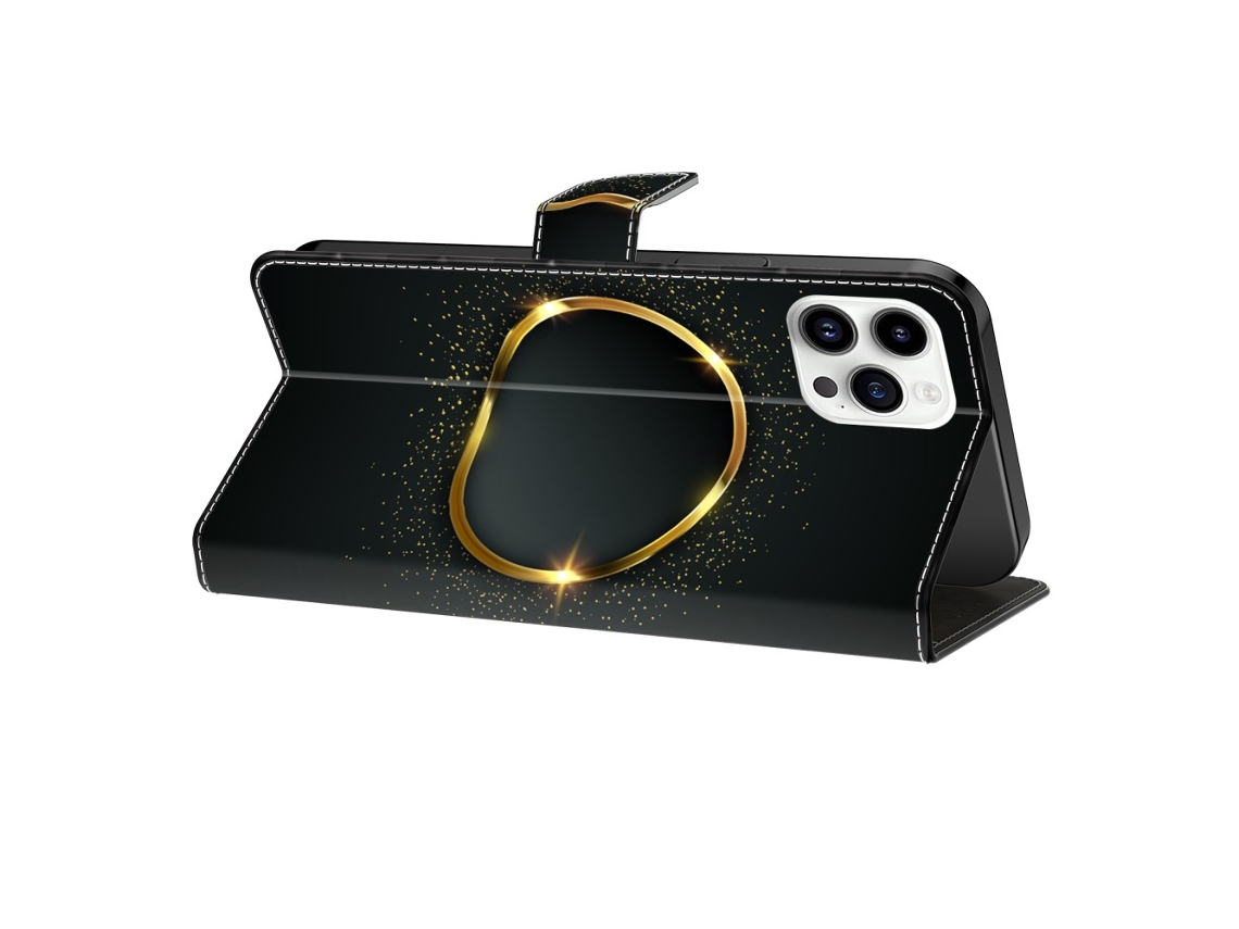 Capa Em Couro Pu Com Suporte Para Apple Iphone 16 Pro - Anel De Ouro
