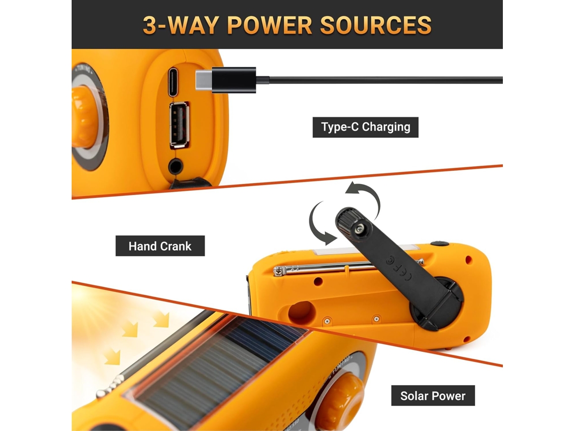 Rádio de Emergência AQUAFORGE com manivela, lanterna Led, bateria 2000mah, previsão do tempo