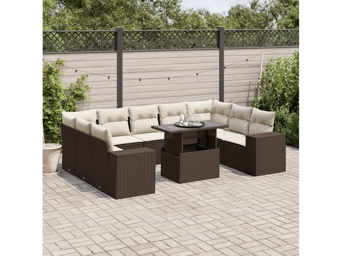 Vidaxl 10 Pcs Conj. Sofás Jardim Com Almofadões Vime Pe Castanho