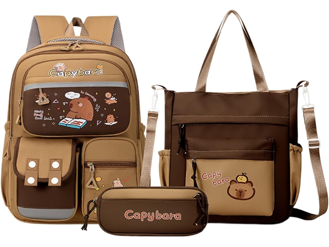 Conjunto De Mochila Infantil Capybara 3 Peças, Escolar Grande Para Estudantes Com Faixa Refletora,
