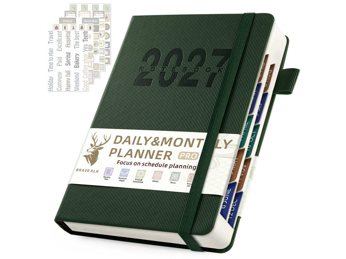 A5 2027-daily Planner 160-sheets English Spanish Weekly Monthly Calendar With Vertical Ribbon Binder, Green With