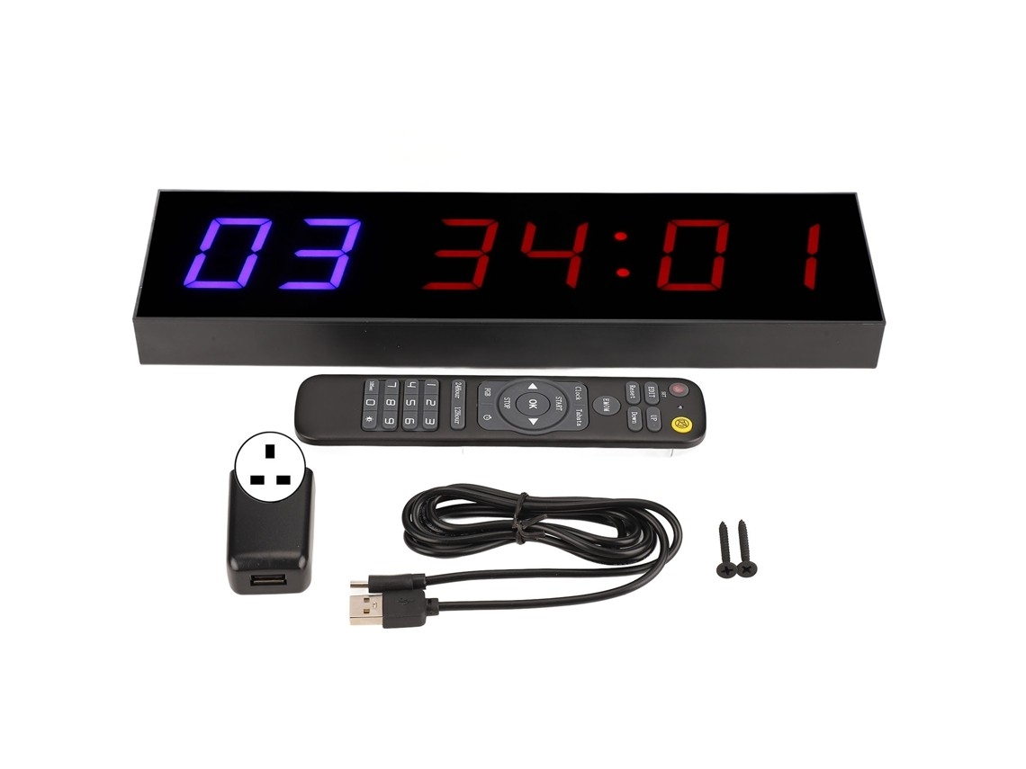 Cronômetro de exercícios com controle remoto, cronômetro de intervalos para montagem na parede, visor LED de 1,8 polegadas e 6 bits.
