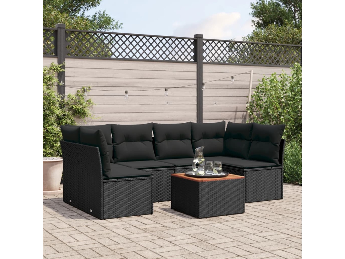 7 Pcs Conjunto De Sofás P/ Jardim C/ Almofadões Vime Pe Preto Dkd Home Decor