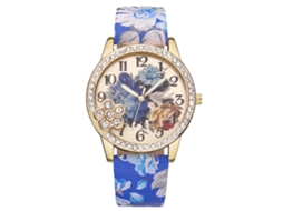 Relógio de Pulso Feminino Vintage Flowers com Pulseira Pu e Movimento de Quartzo Azul Escuro