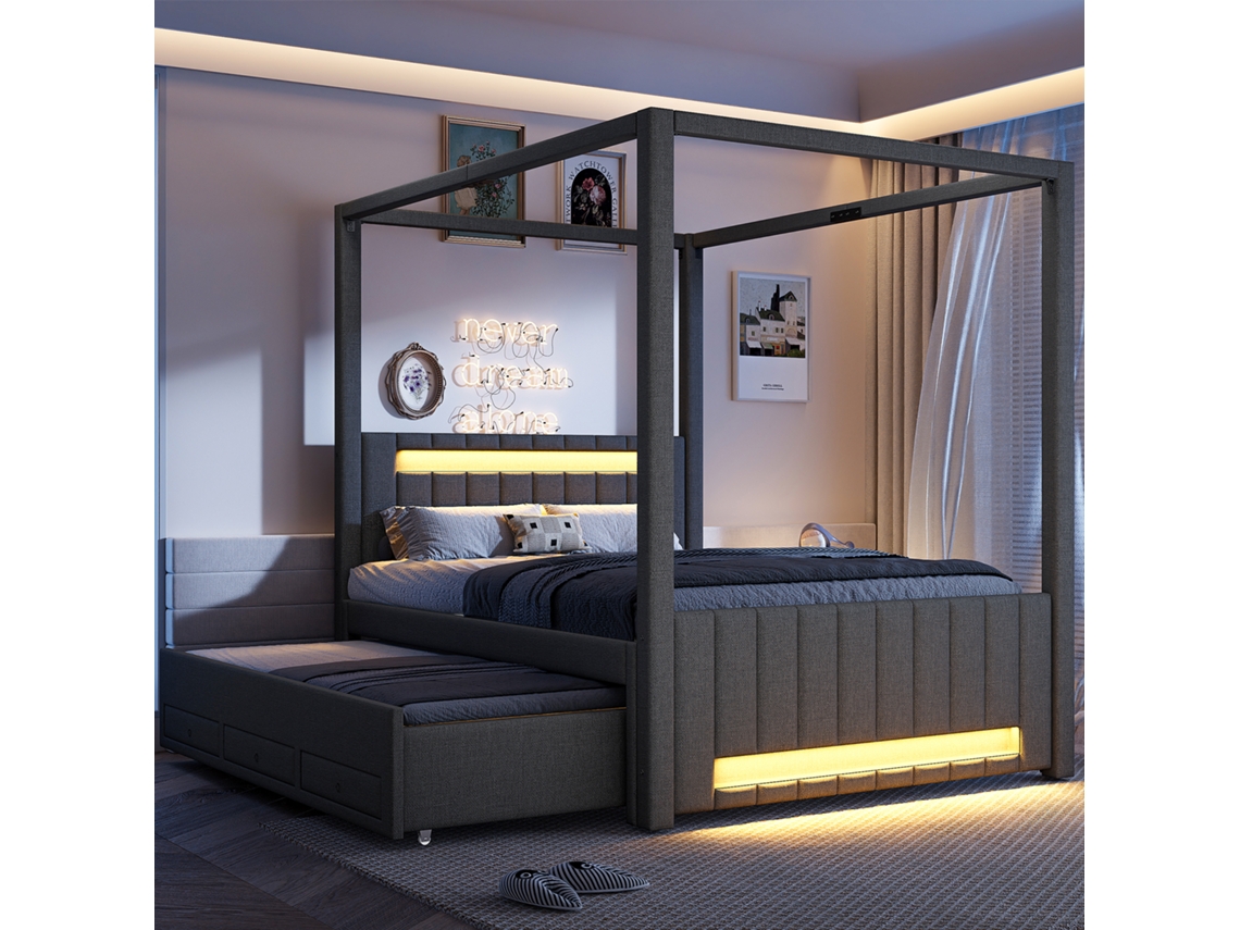 Cama De Casal 140x200 Cm Cinza Com Berço Gavetas Iluminação Led