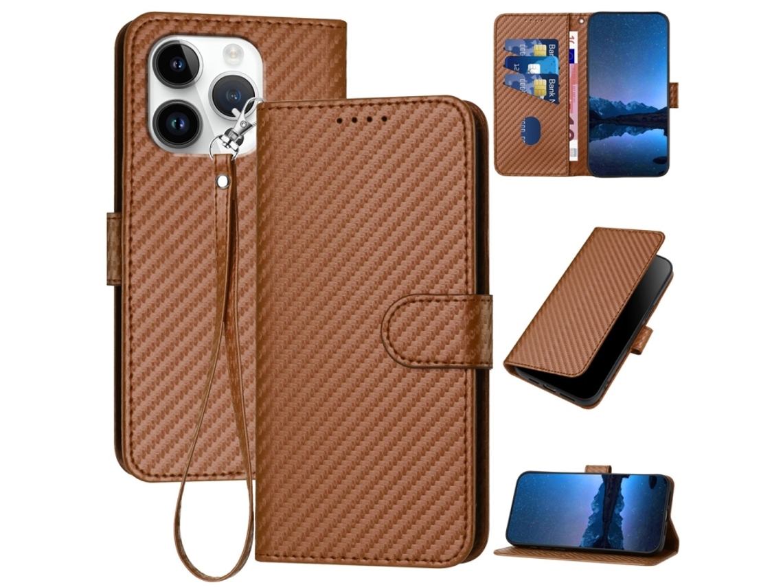 Capa De Couro Para Iphone 16 Pro - Fivela Em Fibra De Carbono - Com Cordão