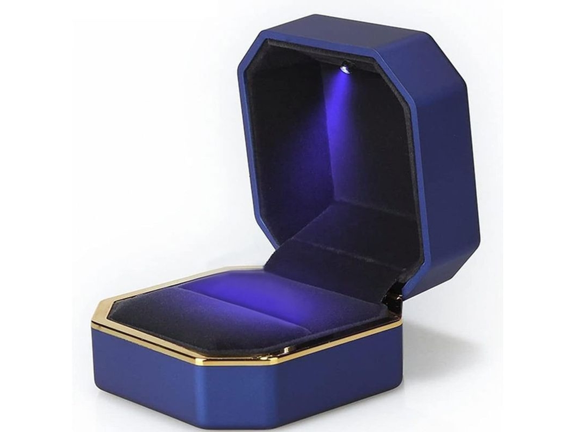 2026-caja De Anillo De Lujo Linjou Con Luz Led, Estuche De Terciopelo Azul Para Boda Y Regalo