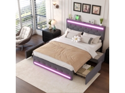 Cama De Casal 140x190 Cm Com Led E 4 Gavetas, Cama Estofada Em Tecido Linho Cinzento, Estrutura Metálica Com Arrumação, Sem Colchão