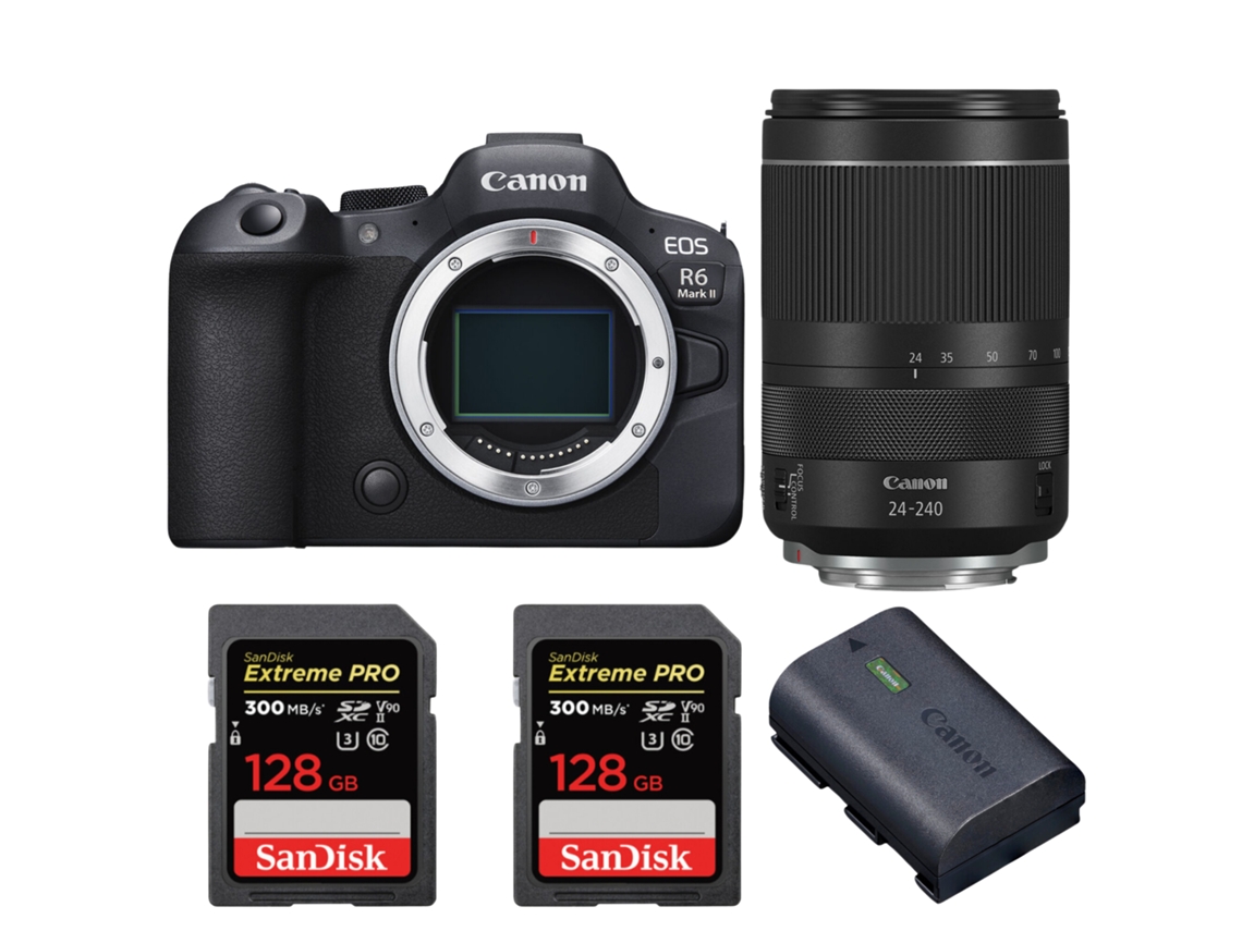 Eos R6 Mark Ii + Rf 24 240mm F/4 6.3 Is Usm + 2 Sandisk 128gb Uhs ii 300mb/s + 1 Canon Lp e6nh + Ebook “20 Dicas para Fotos Que Impressionam” CANON