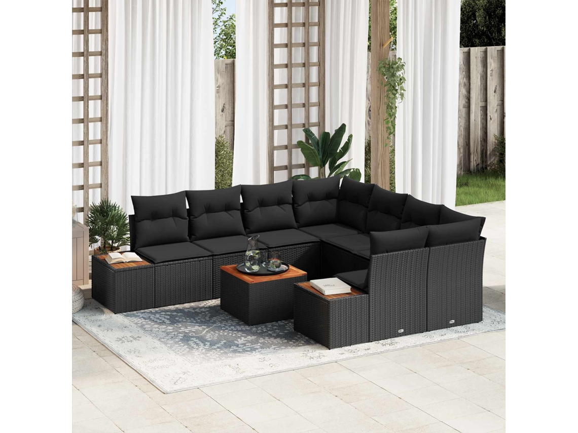 Vidaxl Conjunto De Sofá De Jardim 9 Pcs Preto Rattan Sintético
