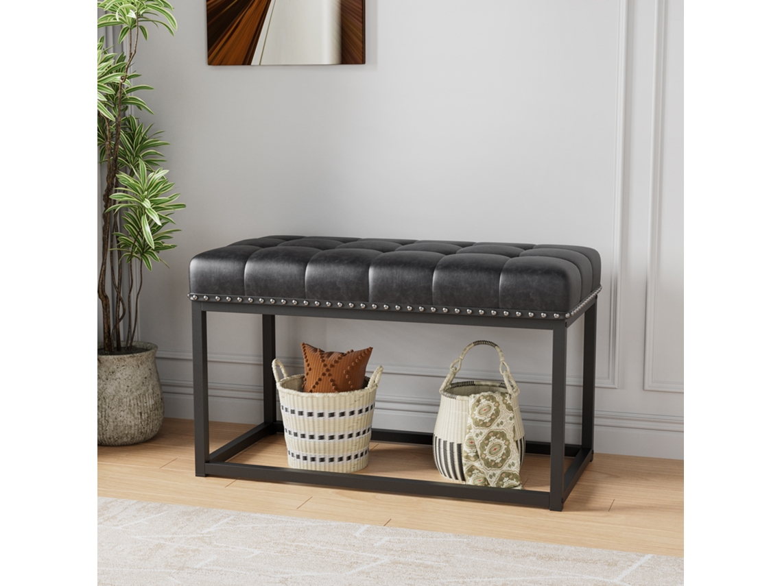 Banco Vintage 91cm Couro Capitonê Metal Industrial Preto VELTRIX