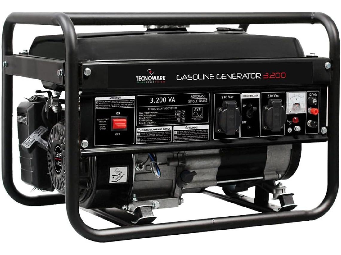 Gerador Monofásico Alimentado a Gasolina Elétrico / Arranque Manual Depósito 15L Avr de Baixo Ruído 3200Va TECNOWARE