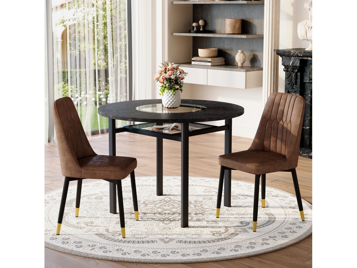Conjunto Mesa Redonda Madeira Preta 100cm 2 Poltronas Tecido Marrom Metal Preto