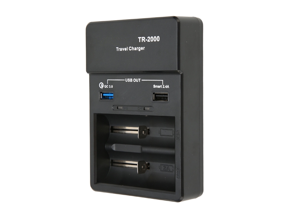 Cargador inteligente con 2 ranuras para baterías 18650, 26650, AA y AAA, con salida USB, QC3.0 y enchufe estadounidense | S/MARCA