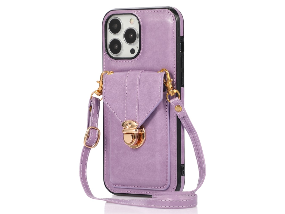 Suporte Casa Para Iphone 15 Pro Pele Sintética Com Porta-cartões Roxo