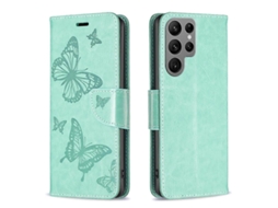 Capa De Couro Com Estampa De Duas Borboletas Em Relevo Para Samsung Galaxy S23 Ultra 5g