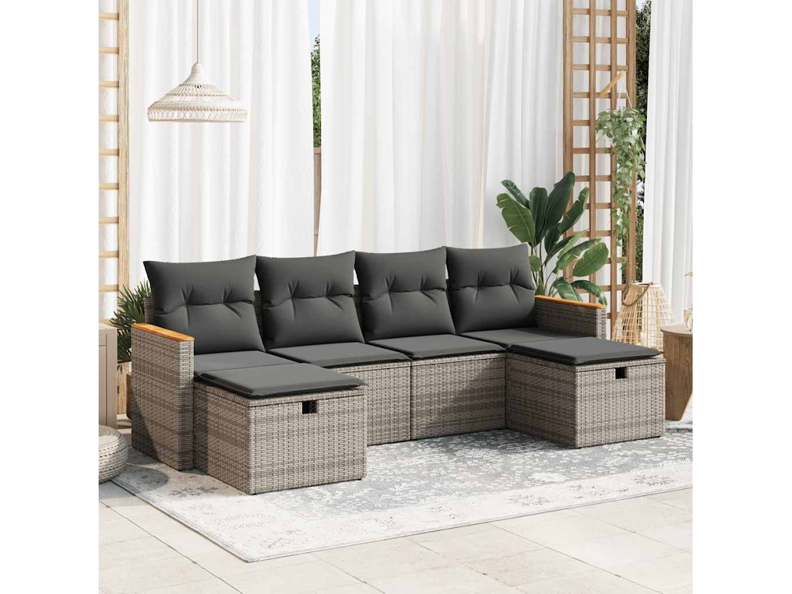 Vidaxl 6 Pcs Conjunto Sofás De Jardim Com Almofadões Vime Cinzento