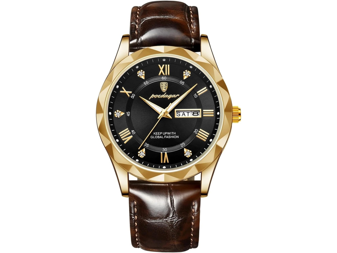 Lurelia Relógio Masculino, Data/calendário, Luminoso, Detalhes Com Strass, Couro, Abs, Resistente À Água, Azul, Dourado