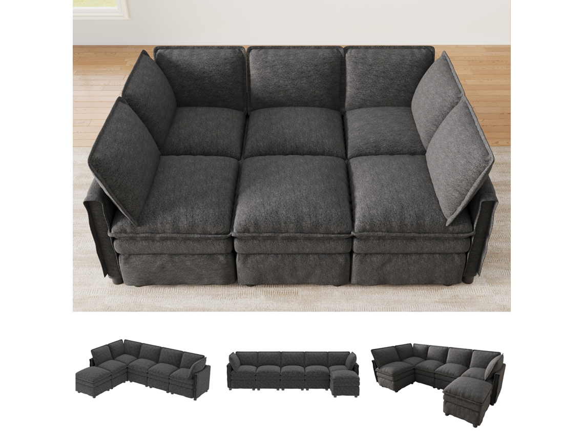 Sofá Modular Xxl Convertível Em Cama, Formato U/l, Pufe Móvel E Assento Duplo, Chenille Cinzento