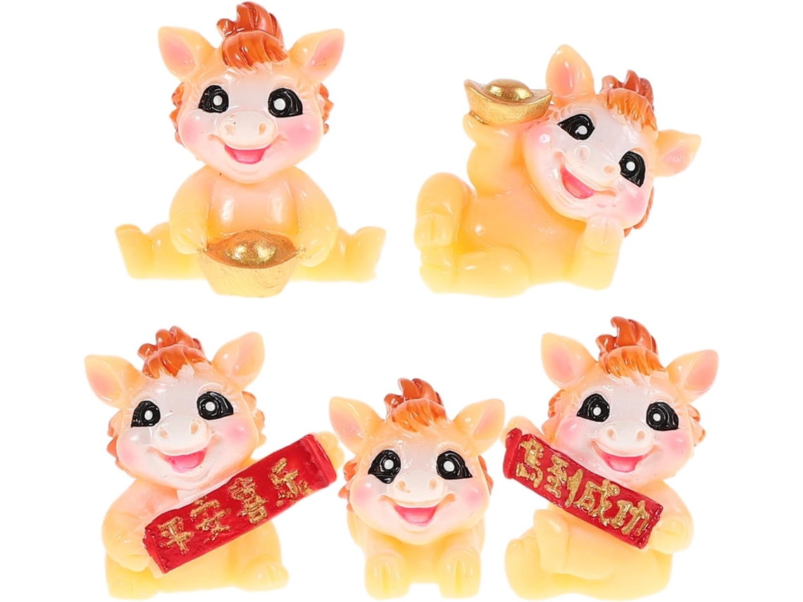 Conjunto 5 Estatuetas Cavalos Resina Fáceis Limpar Ornamento Versátil Decoração Chinês Escritório Feng Shui GOKOCO