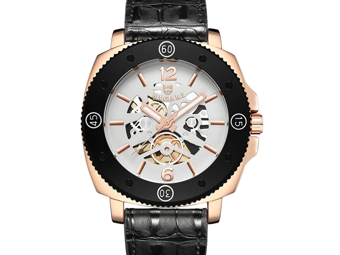 Relógio de pulso masculino de luxo Bagari para negócios, resistente à água com movimento de quartzo (ouro rosa + preto)