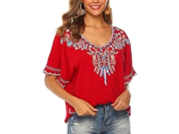 2026 blusa Étnica de Manga Curta para Mulher com Bordado de Penas e Flores no Estilo Boho