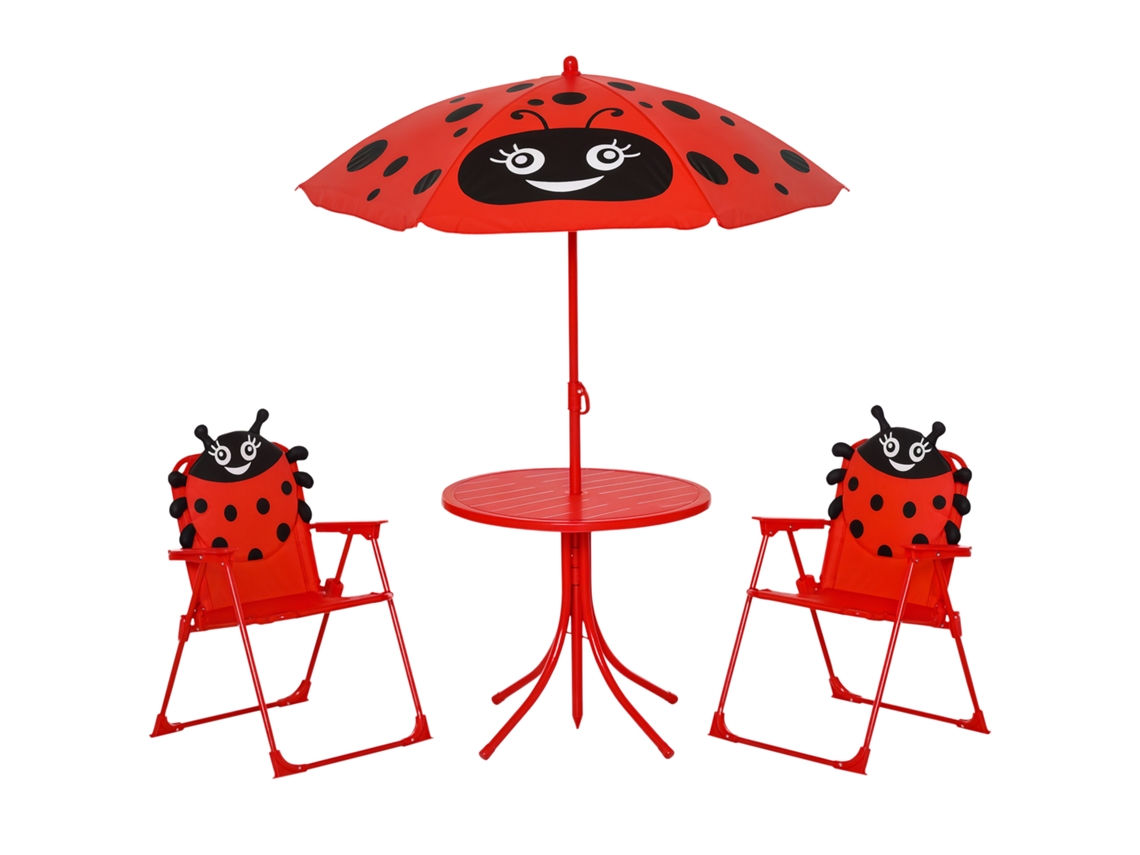 Conjunto Externo Infantil com 2 Cadeiras Dobráveis, Guarda Sol e Mesa em Aço e Tecido Oxford Vermelho BTFORUS