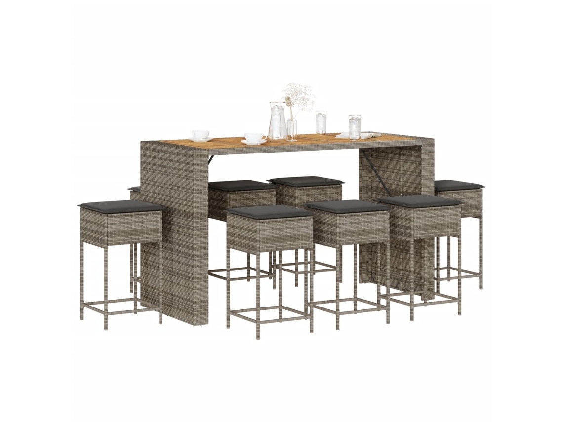Vidaxl 9 Pcs Conjunto De Bar P/ Jardim C/ Almofadões Vime Pe Cinzento