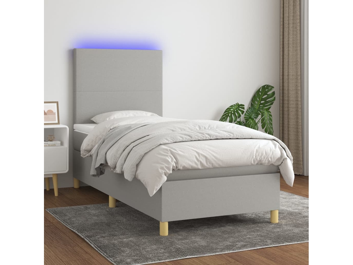 Vidaxl Cama Box Spring C/ Colchão E Led 100x200 Cm Tecido Cinza-claro