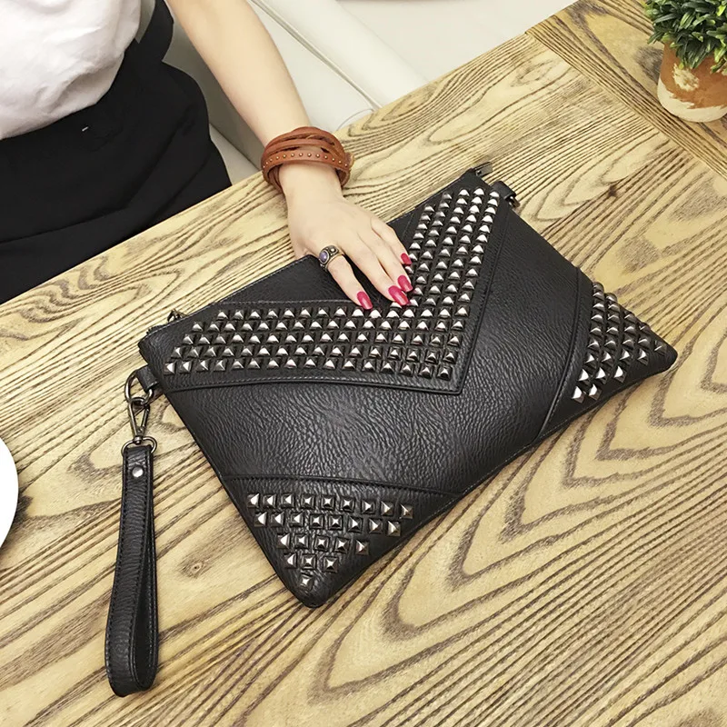 (preta, 34x25x1 Cm) Bolsa Feminina Elegante Com Tachas, Estilo Clutch/ombro/transversal Em Couro Pu