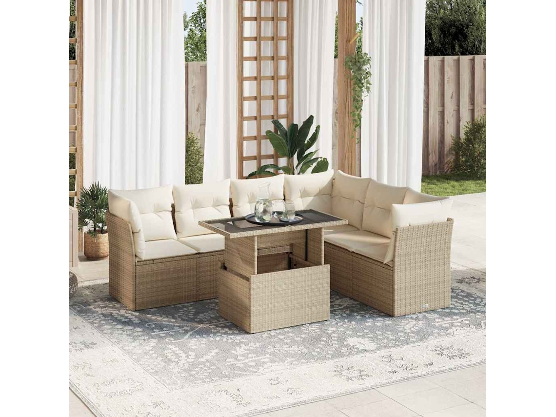 Vidaxl 7 Pcs Conjunto De Sofás P/ Jardim Com Almofadões Vime Pe Bege
