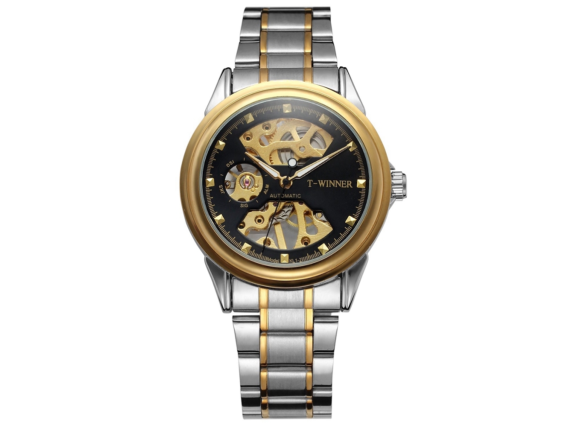 Reloj Hombre Casual Con Dial Hueco Correa Acero Inoxidable Movimiento Mecánico Negro