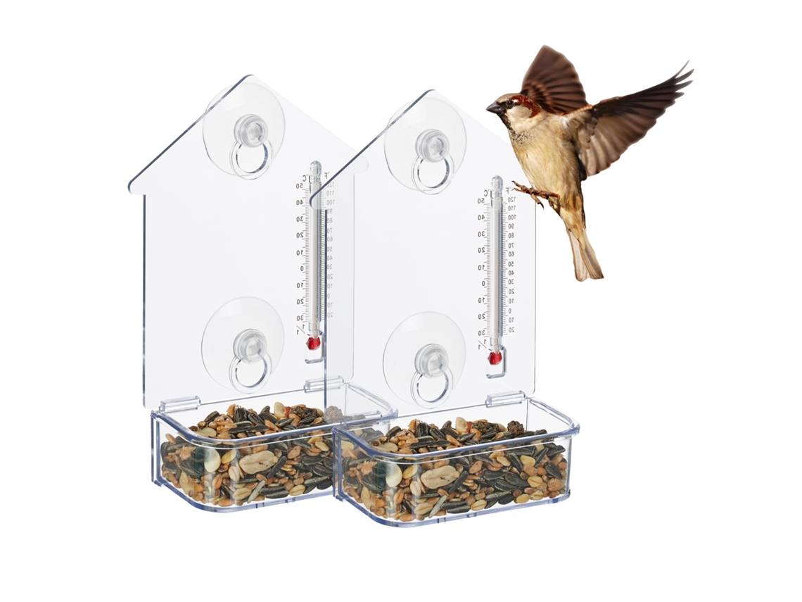 Conjunto De 2 Casas De Alimentação Para Aves Relaxdays, 2 Ventosas, Estação Com Termómetro, Hbt 17 X 11 X 5 Cm.