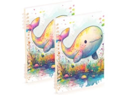 Conjunto de 2 Cadernos Pautados, Tamanho A5 Estampa Baleia Branca 21,1 X 14,5 Cm Resistentes 60 Folhas para