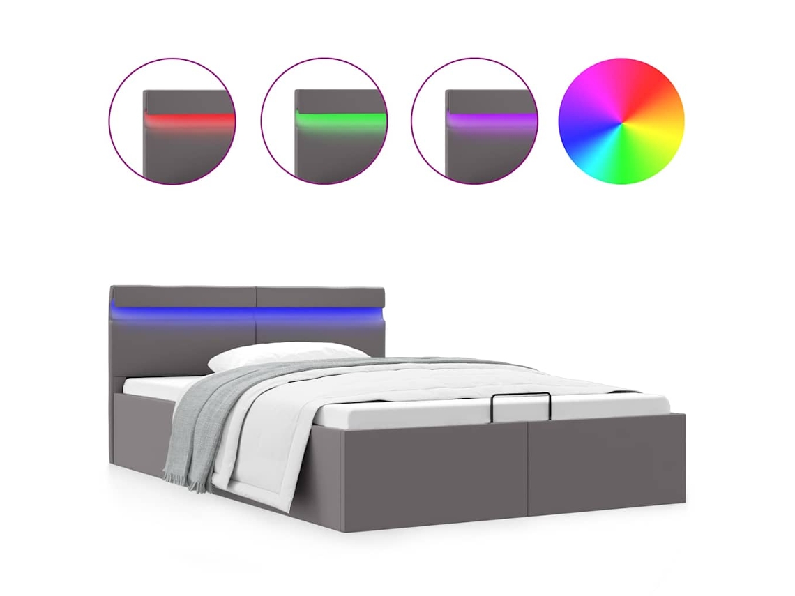 vidaXL Cama hidráulica c/ arrumação LED 140x200cm couro artific. cinza