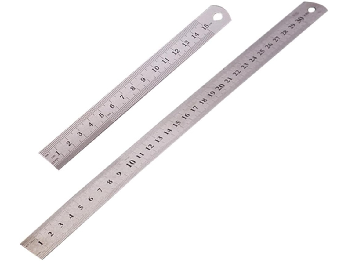 Conjunto de 2 réguas de aço inoxidável, com escala dupla e bordas de alta precisão, ideais para escola e escritório. Inclui:
